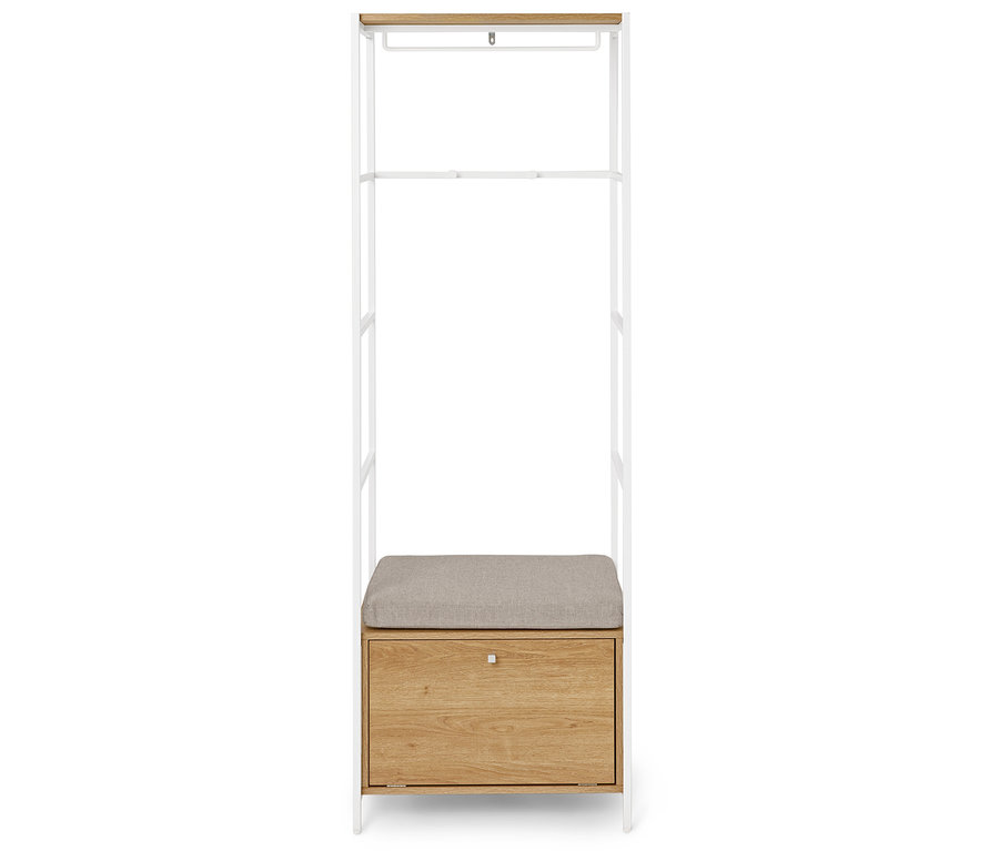 Porte-manteau avec banc et tiroir en bois clair et métal blanc.