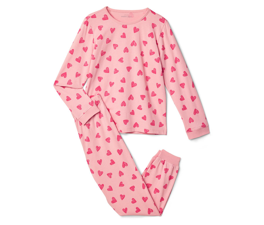 Pyjama rose à motifs de cœurs composé d'un haut et d'un pantalon.