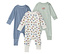 Trois pyjamas pour bébé, pelleteuse, avec fermeture éclair : un bleu rayé, un blanc avec motif de pelleteuse et un vert clair avec application de pelleteuse.