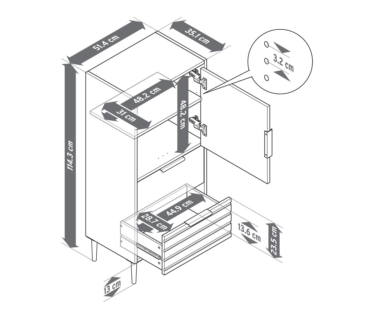 Illustration d'un buffet « BAAKEN » avec 2 tiroirs et une porte, avec indications de dimensions.