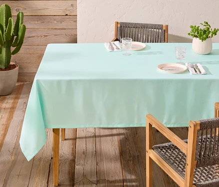 Table à manger avec nappe turquoise clair, couverts et cactus en pot.