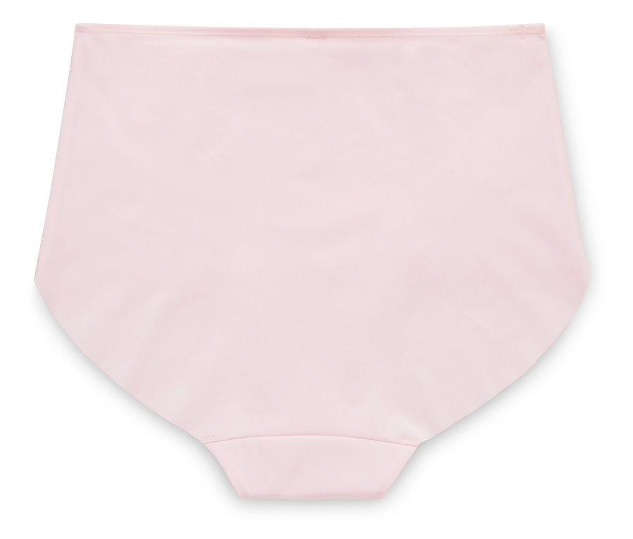 Gros plan d'une culotte rose pâle unique sur fond blanc.