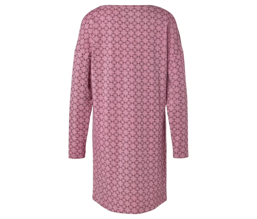 Vue arrière d'une robe rose à manches longues avec un motif géométrique noir.
