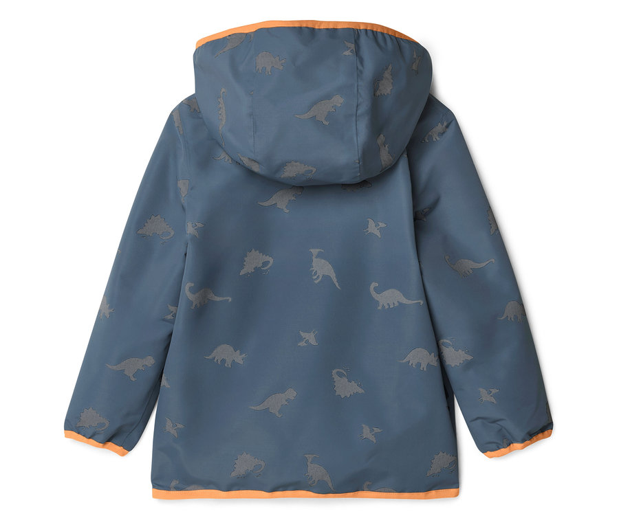 Veste bleu-gris à capuche avec motif dinosaures, bordures orange à la capuche, aux manches et à l'ourlet.