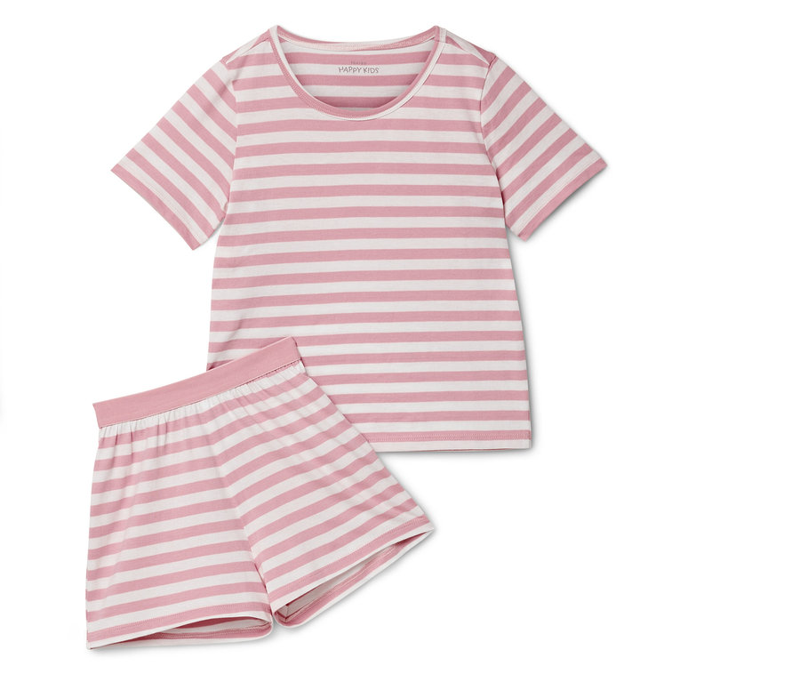 Pyjama rose et blanc rayé avec haut à manches courtes et short.