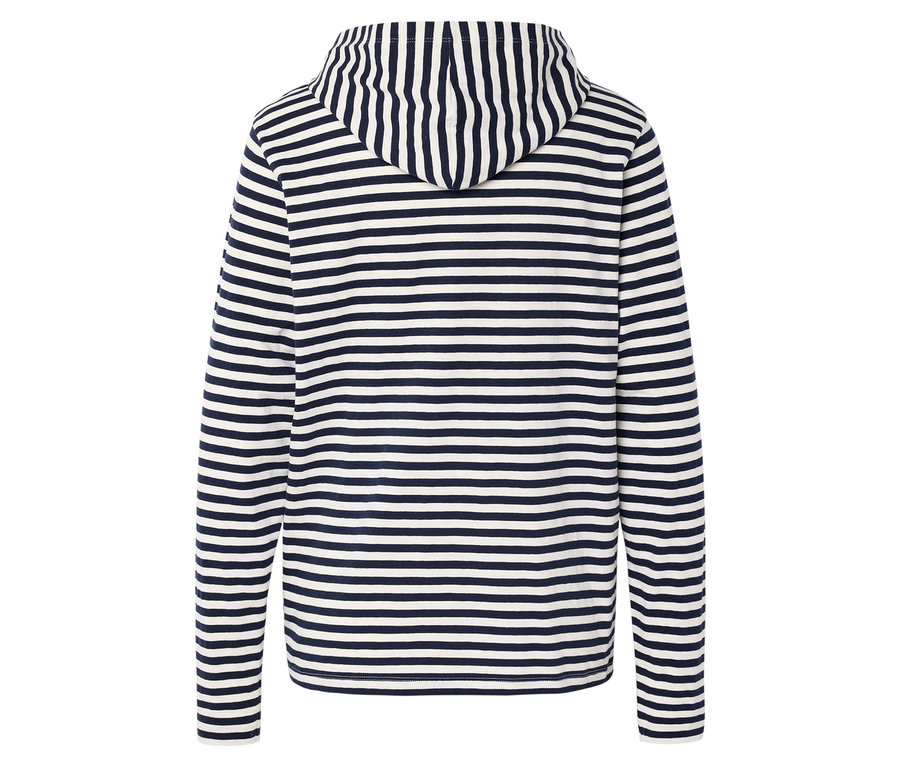 Vue arrière d'un sweat-shirt à capuche à manches longues avec des rayures horizontales bleu marine et blanches.