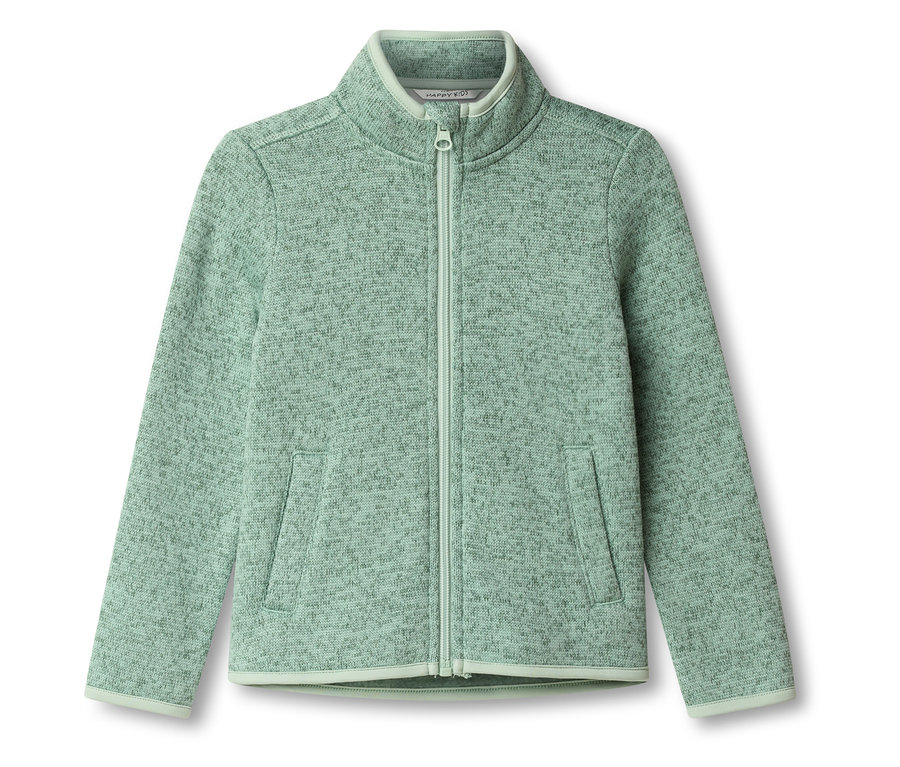 Une veste polaire vert clair avec fermeture éclair posée sur un fond blanc.