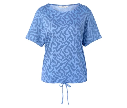 T-shirt bleu clair avec motif bleu et cordon de serrage à l'ourlet.
