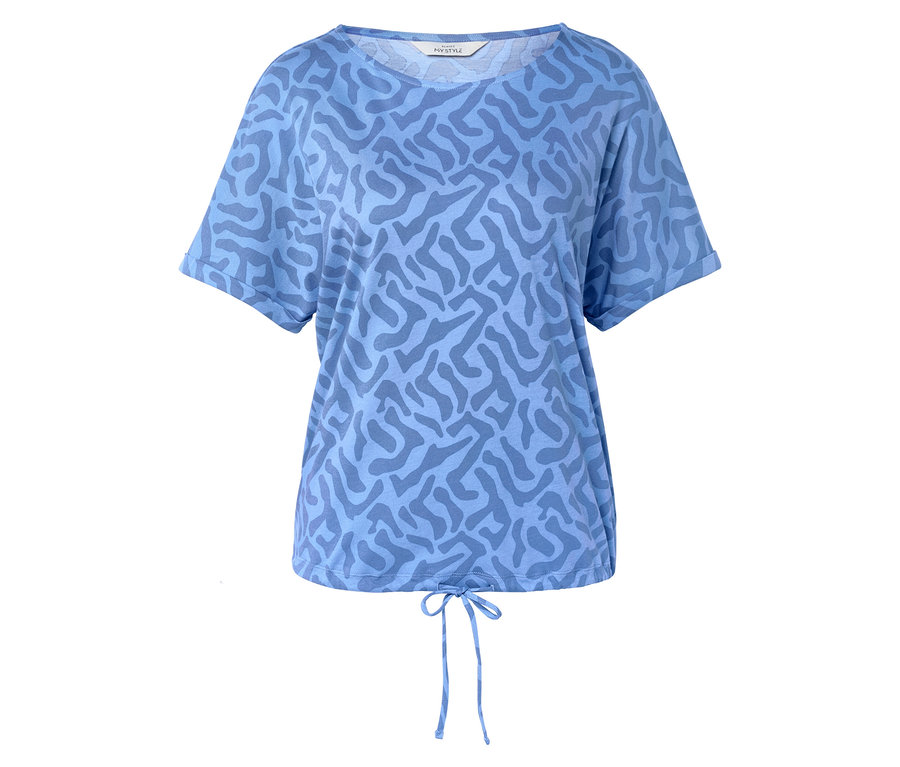 T-shirt bleu clair avec motif bleu et cordon de serrage à l'ourlet.