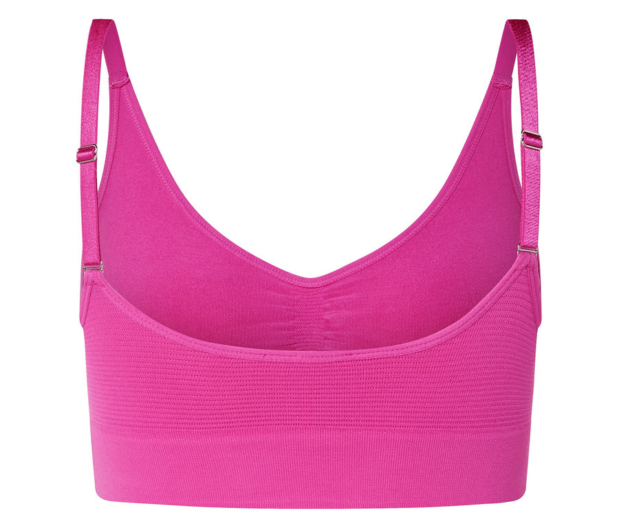 Vue arrière d'un soutien-gorge de sport rose avec bretelles réglables.