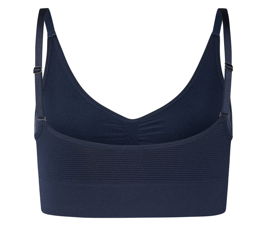 Vue arrière d'un soutien-gorge bleu marine avec bretelles réglables.