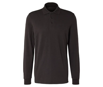 Polo marron foncé à manches longues avec trois boutons sur fond blanc.