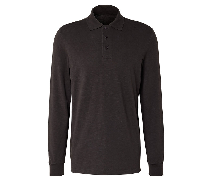 Polo marron foncé à manches longues avec trois boutons sur fond blanc.