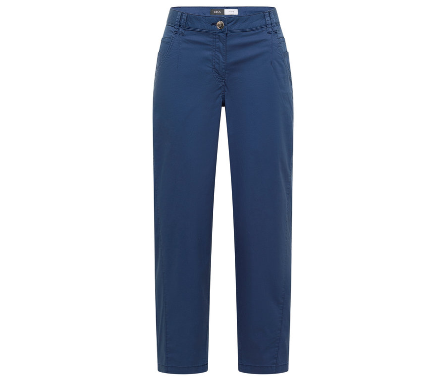 Pantalon barrel CECIL « Scarlett » bleu avec fermeture boutonnée et poches.