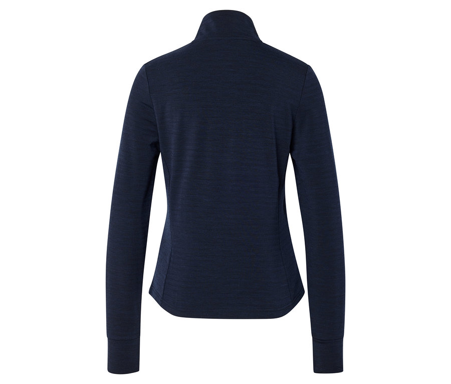 Vue arrière d'une veste bleu marine à manches longues et fermeture éclair intégrale sur fond blanc.