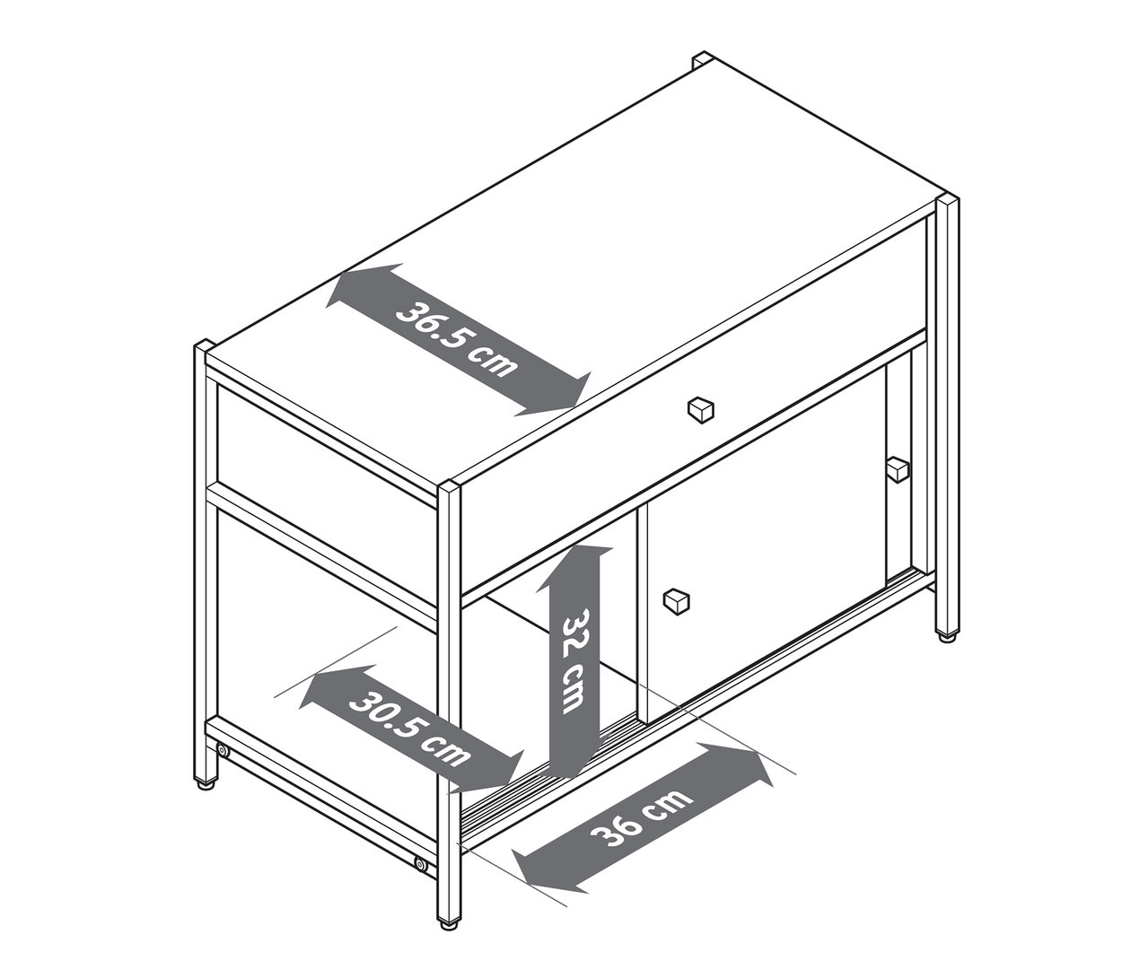 Illustration d'une commode « GRADE » avec tiroir et portes coulissantes, avec dimensions.
