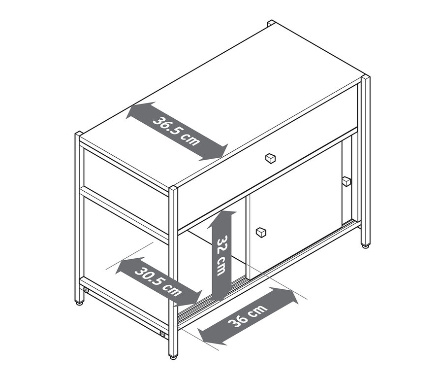 Illustration d'une commode « GRADE » avec tiroir et portes coulissantes, avec dimensions.