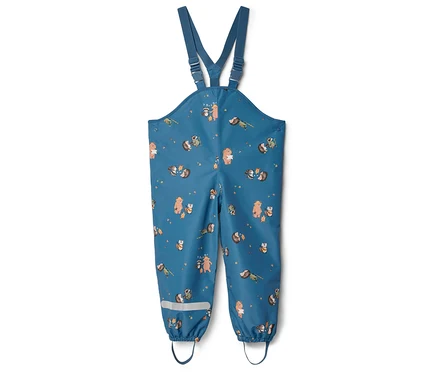 Salopette de pluie bleue à motifs d'animaux sur fond blanc.