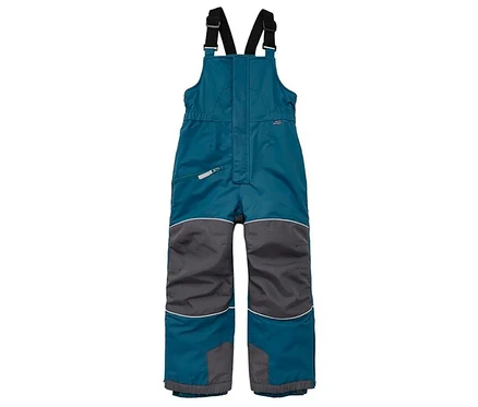 Salopette de neige pour enfant en turquoise et gris foncé avec des bretelles noires et des bandes réfléchissantes.