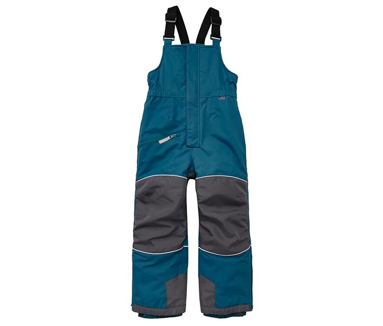 Salopette de neige pour enfant en turquoise et gris foncé avec des bretelles noires et des bandes réfléchissantes.