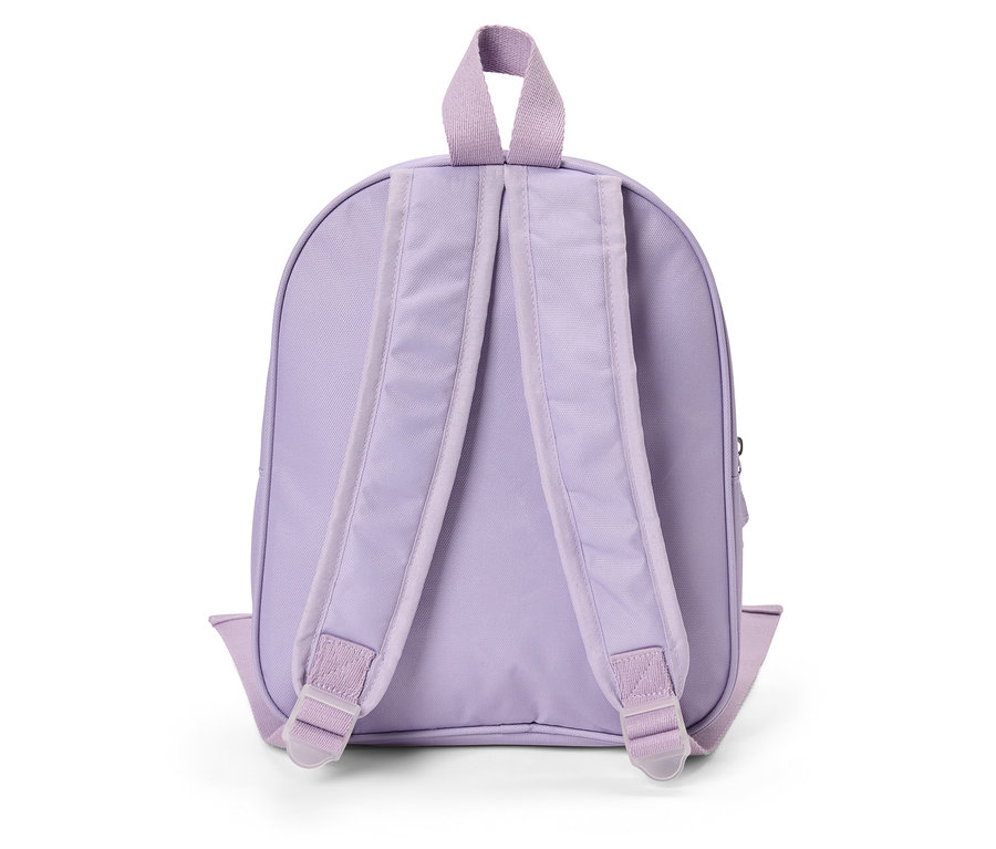 Vue de dos d'un sac à dos violet clair avec deux bretelles réglables et une poignée supérieure.
