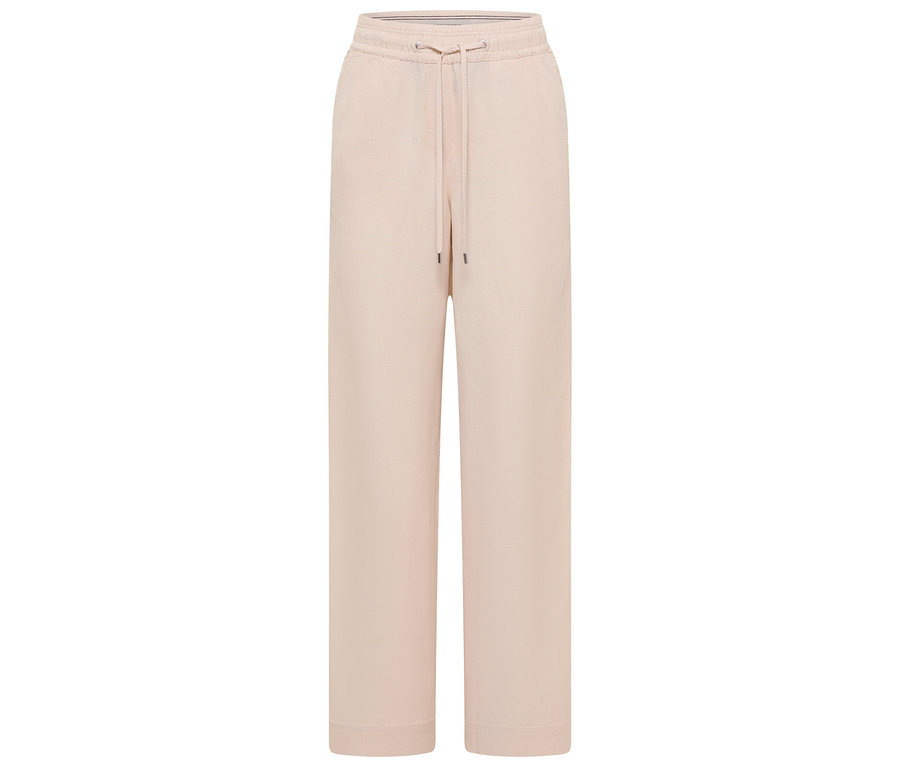 Pantalon beige ample avec cordon de serrage sur fond blanc.