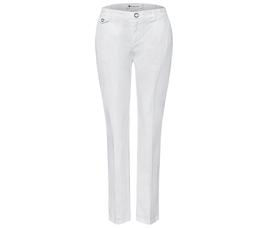 Pantalon chino blanc Street One, posé à plat, avec fermeture boutonnée et zippée.