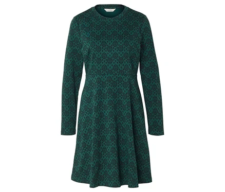 Vue complète d'une robe émeraude à manches longues avec un motif noir.