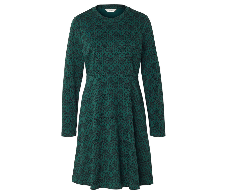 Vue complète d'une robe émeraude à manches longues avec un motif noir.