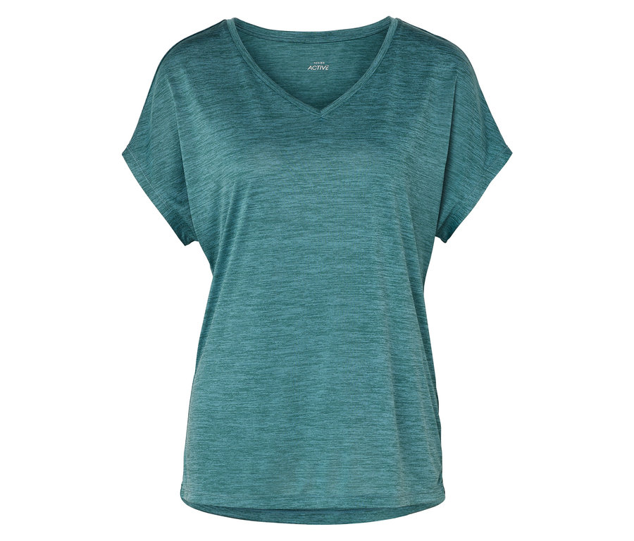 Un haut de sport turquoise avec un col en V et des manches courtes.