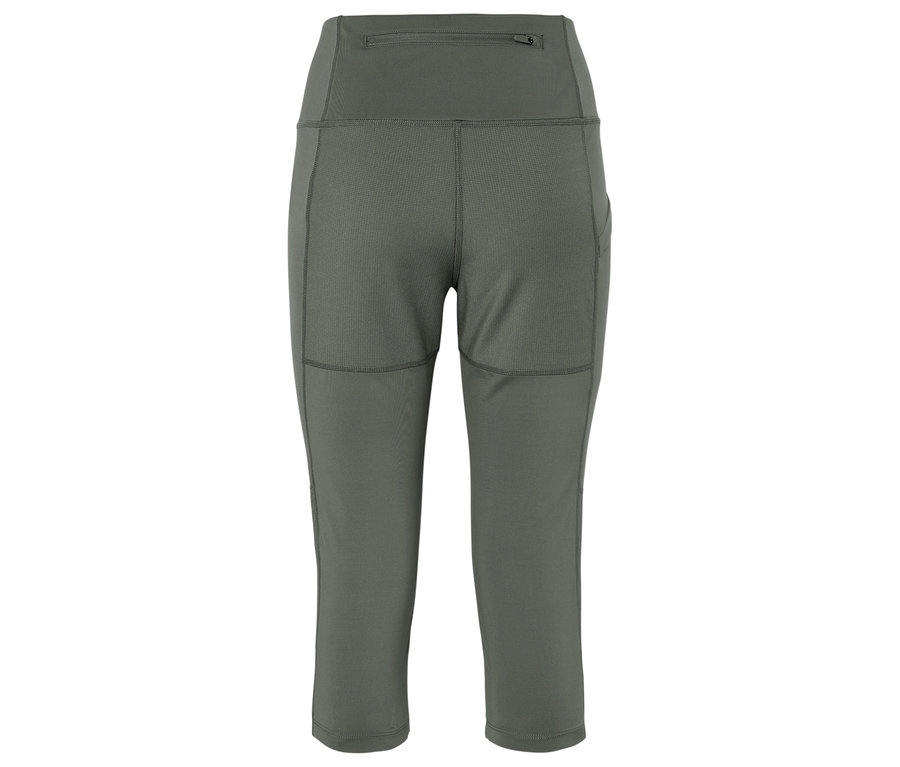 Gros plan d'un legging vert olive arrivant aux genoux avec une taille haute et une petite poche zippée sur le dessus.