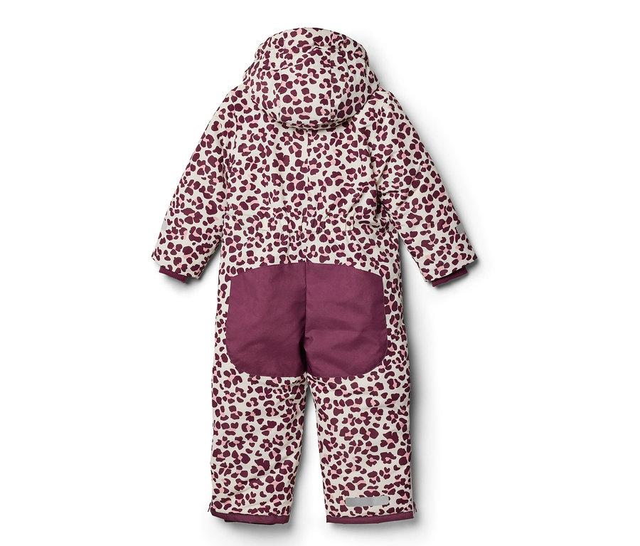 Combinaison de neige à capuche, crème avec un motif léopard bordeaux, des empiècements bordeaux aux fesses et un liseré réfléchissant sur la jambe.