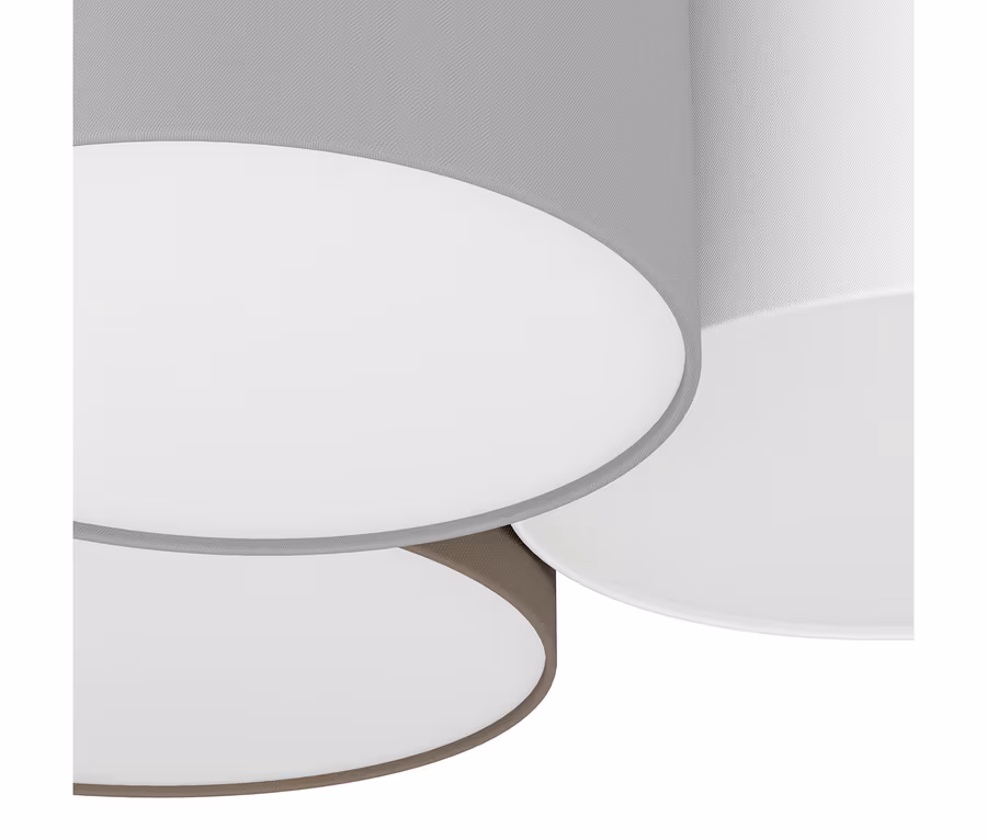 Trois abat-jour ronds gris, blancs et marron, vus d'en bas, avec des diffuseurs blancs.