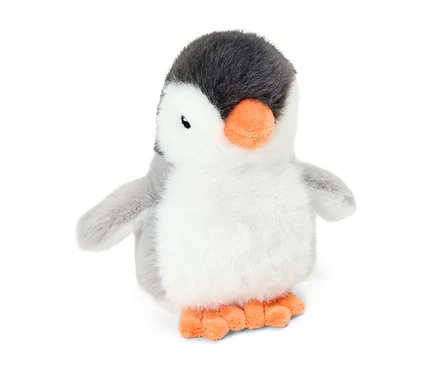 Un pingouin en peluche magnétique gris foncé, blanc et gris clair avec un bec et des pattes orange.