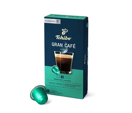 Paquet de capsules Tchibo Gran Café Lungo et une capsule.