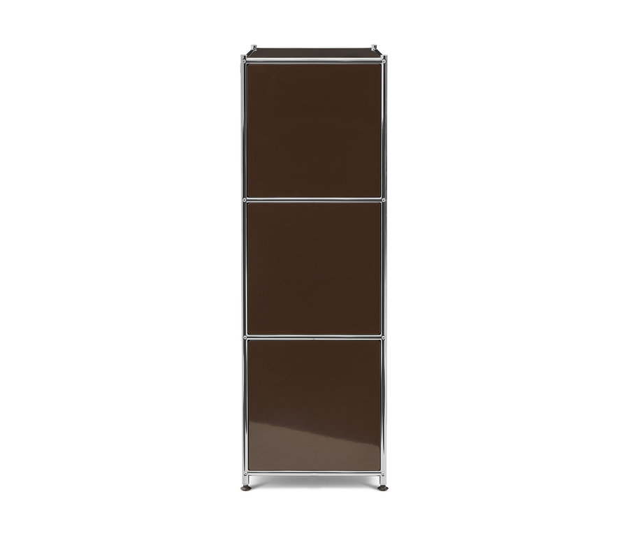 Armoire modulaire marron à trois niveaux avec façades brillantes et cadre argenté sur fond blanc.