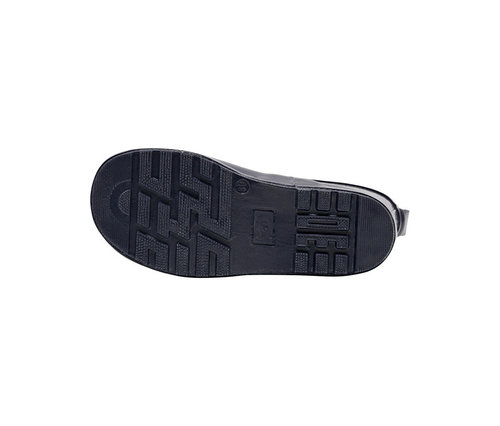 Semelle d'une botte en caoutchouc noire hummel® « Rubber Boot Glitter » avec un motif de bande de roulement géométrique profond. La taille 38 est visible sur la semelle.