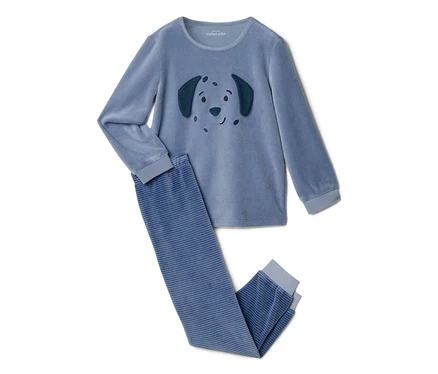 Pyjama enfant en velours bleu avec un haut à manches longues et un pantalon rayé. Le haut présente un motif de tête de chien.
