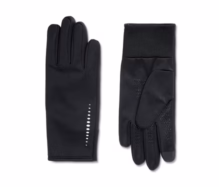 Deux gants thermiques noirs pour protection contre le vent, l'un avec des points réfléchissants sur le dos, l'autre avec une paume adhérente et un poignet côtelé.