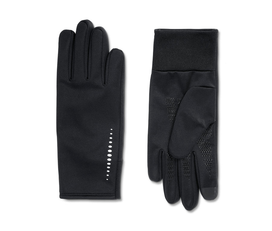 Deux gants thermiques noirs pour protection contre le vent, l'un avec des points réfléchissants sur le dos, l'autre avec une paume adhérente et un poignet côtelé.