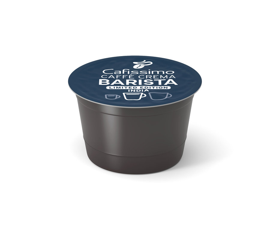 Une seule capsule de café Cafissimo BARISTA Caffè Crema India gris foncé avec un couvercle bleu foncé orné de texte blanc et d'icônes de tasses à café.