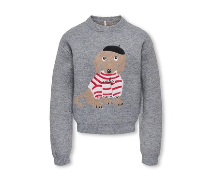 Pull gris avec un motif de teckel portant un t-shirt rayé rouge et blanc avec "only" et un béret noir.