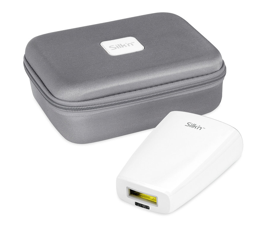Un épilateur Jewel « LUXX 250.000 » de Silk'n® et son étui de rangement gris.
