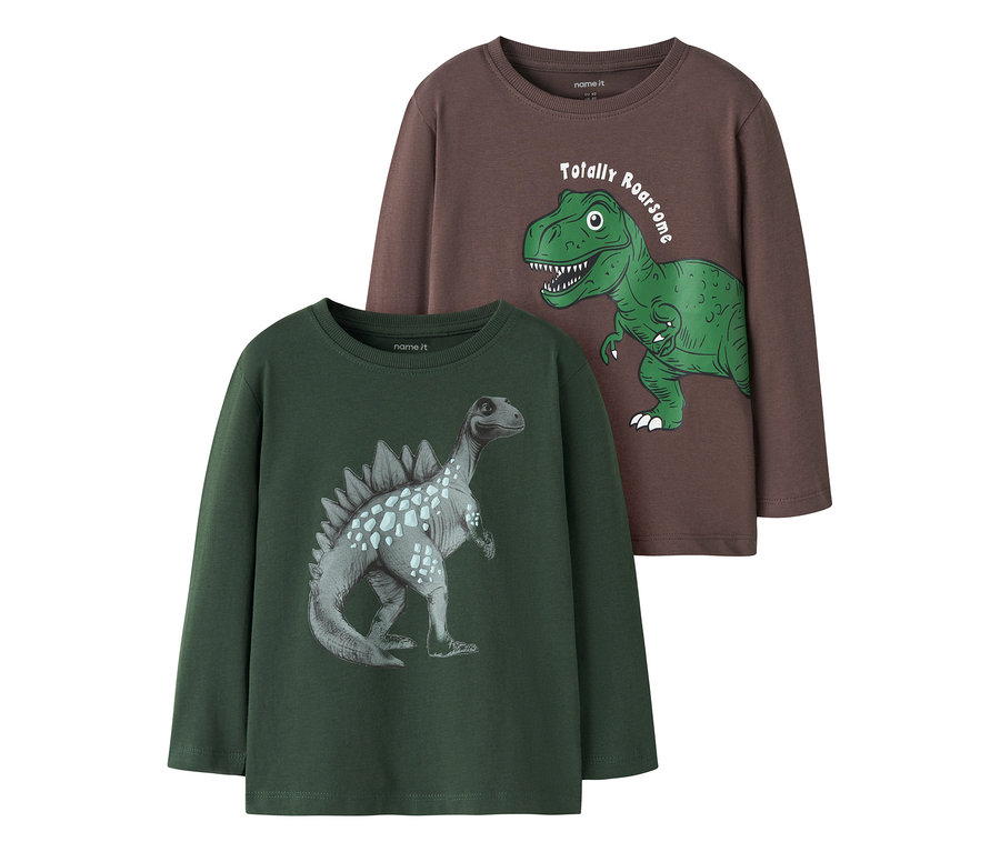 T-shirt à manches longues marron foncé avec un T-Rex vert et l'inscription "Totally Roarsome", posé sur un T-shirt à manches longues vert foncé avec un dinosaure gris.
