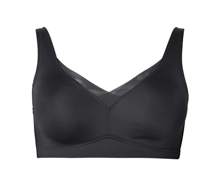 Soutien-gorge noir avec décolleté en V et larges bretelles.