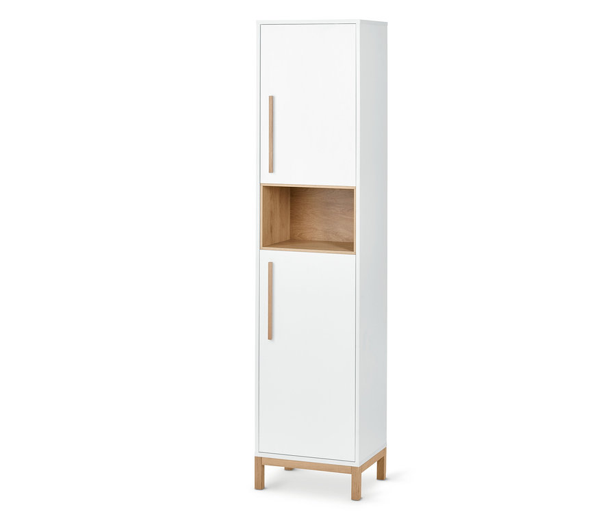 Armoire haute de salle de bain «Eklund» blanche avec deux portes et une étagère en bois ouverte au milieu.