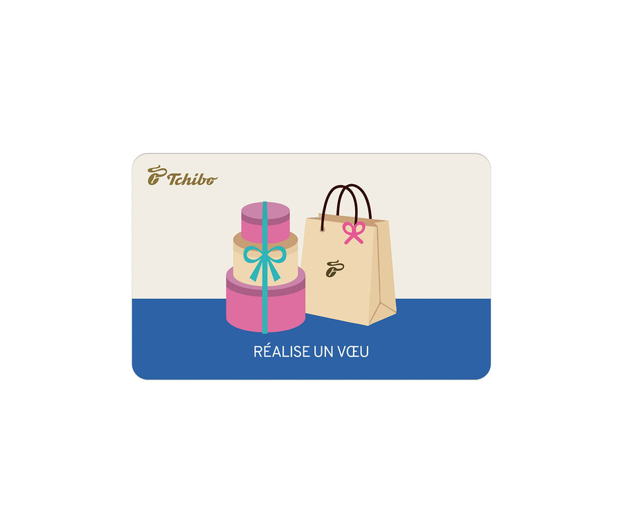 E-carte cadeau - Shopping avec un design beige et bleu, logo Tchibo, illustrée de boîtes cadeaux roses et beiges empilées avec un ruban turquoise et un sac de courses beige avec un nœud rose et un logo grain de café. Texte : « RÉALISE UN VŒU ».