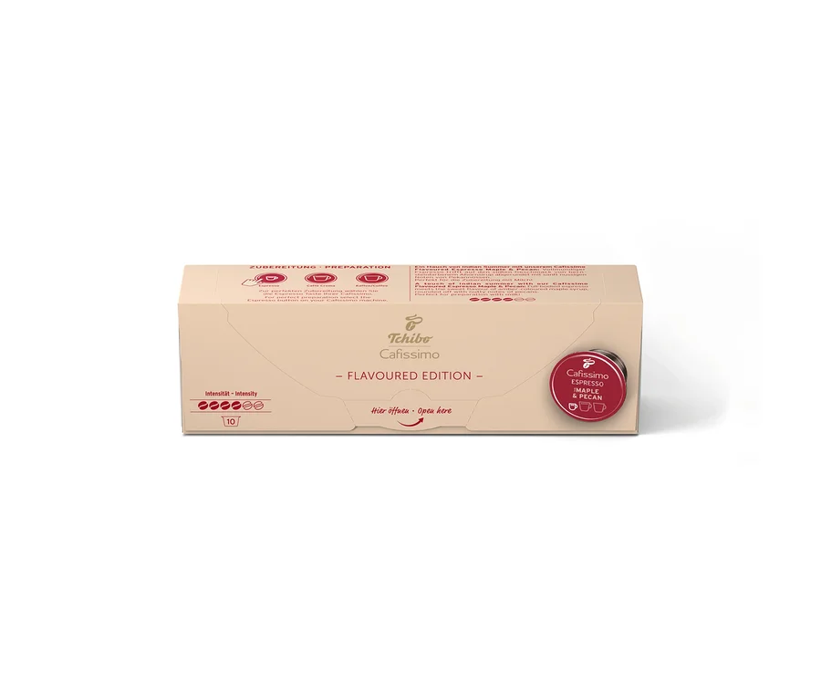 Boîte en carton brun clair de 10 capsules Cafissimo Flavoured Espresso Maple & Pecan, avec indicateur d'intensité et étiquette rouge.