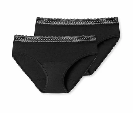 Deux slips de menstruation SCHIESSER noirs avec de la dentelle à la taille.