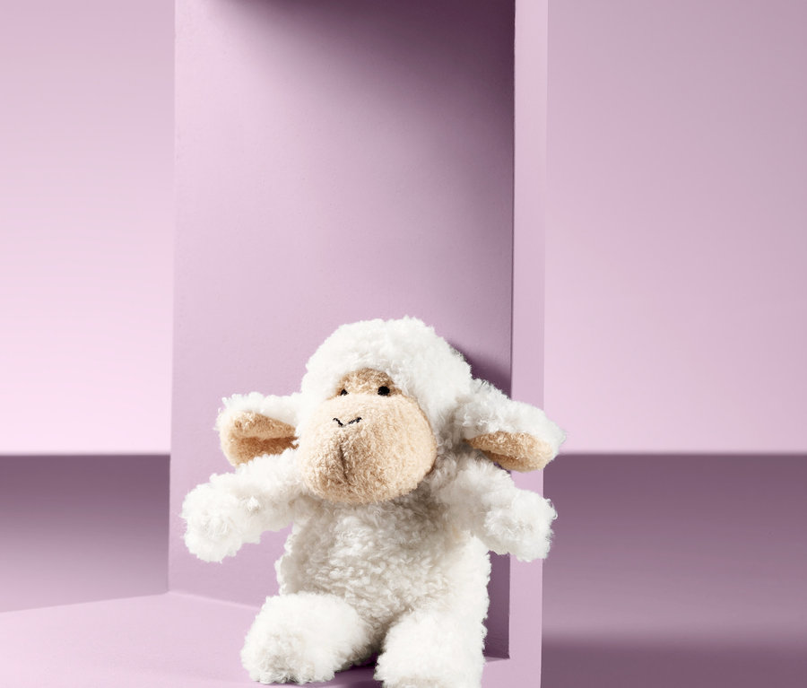 Un petit mouton sonore en peluche blanc est assis dans un cube violet ouvert.